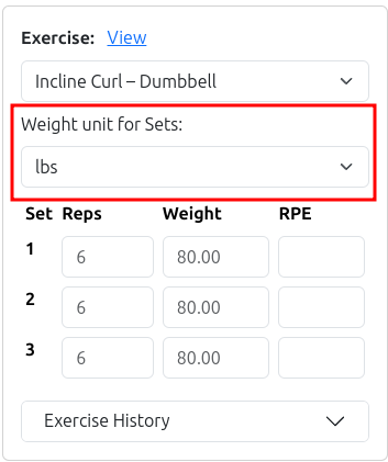 Screenshot highlighting weight unit input on session details page