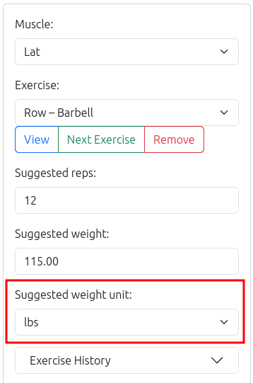 Screenshot highlighting weight unit input on session planning page