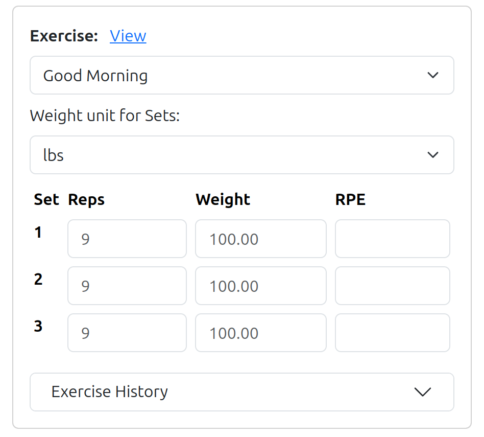 Screenshot of LHF's exercise inputs with suggested values