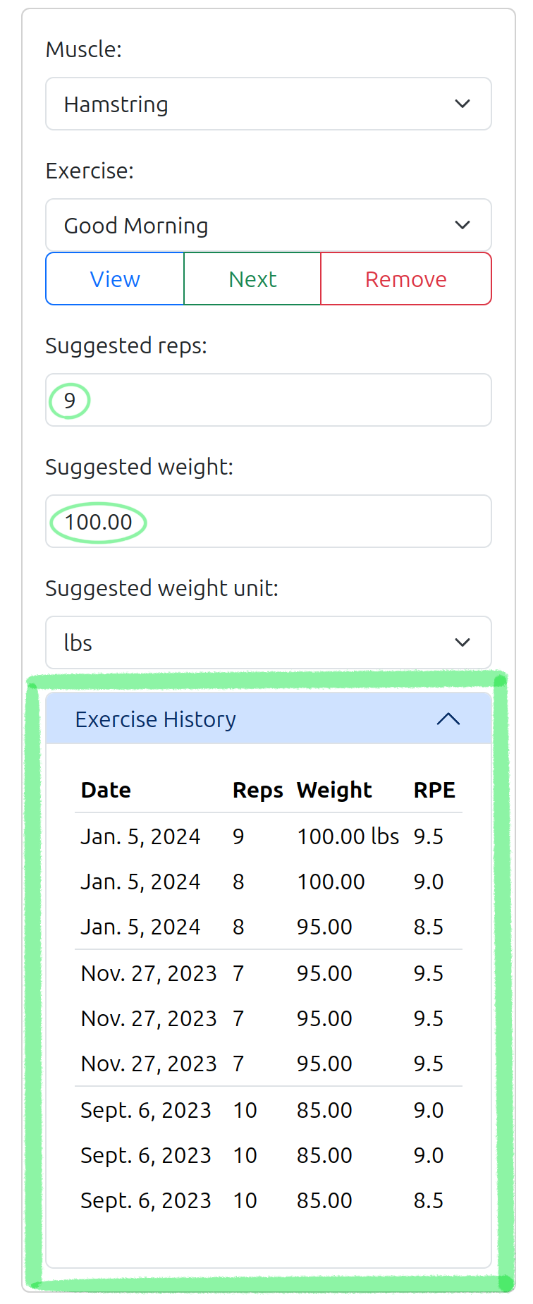 Screenshot of LHF's exercise planning inputs with suggested values