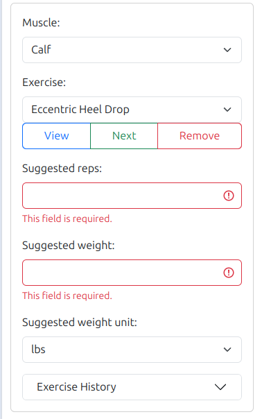 A screenshot of the LHF planning page showing the error state for suggested reps and weight inputs