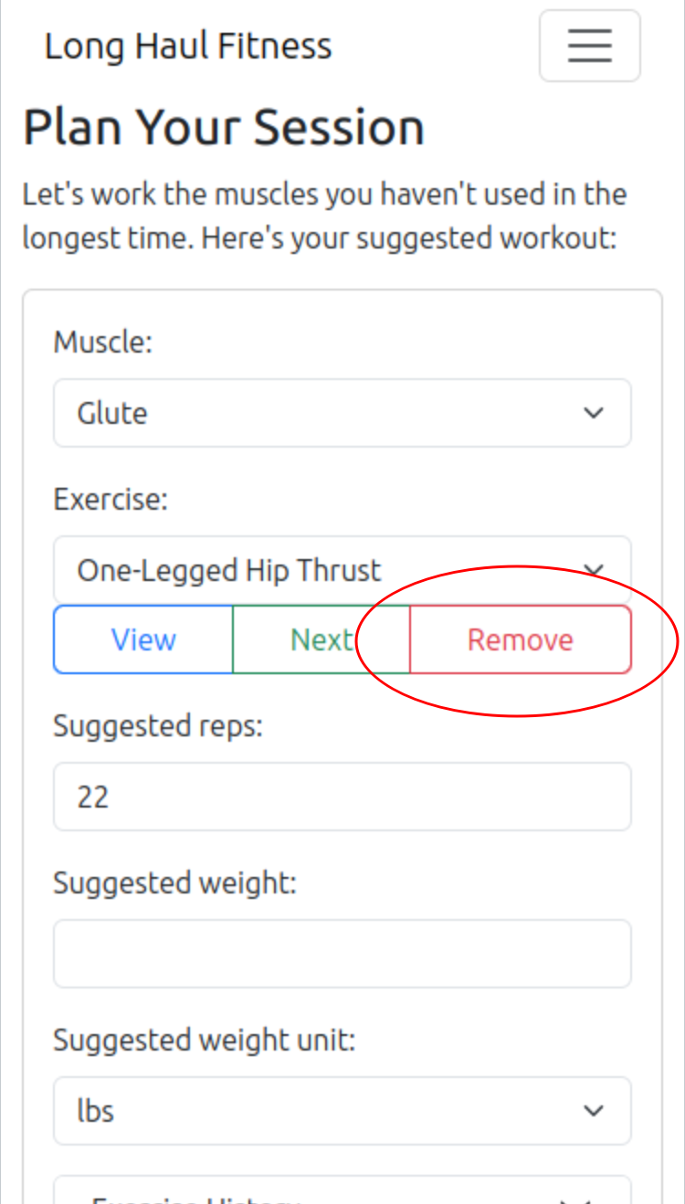 A screenshot of the LHF planning page showing the Remove Exercise button