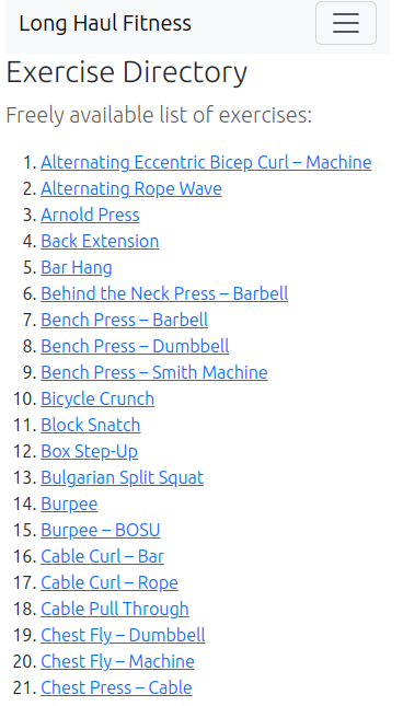 A screenshot of the LHF exercise directory page